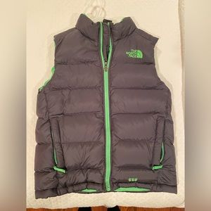 Boys North Face Puffer Vest, YM, Dark Gray w Neon Green zipper & details
